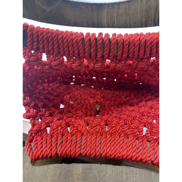 Vintage Macrame Purse Woven Wooden Handle Handbag Handmade Red Unique Boho - Picture 5 of 5